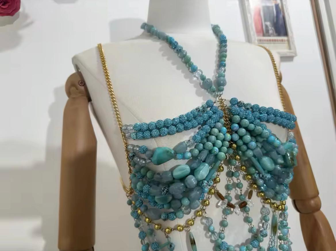 Blue Green Crystal Body Chain - Mermaid Costume Bra Top For Rave, Festival, Burlesque