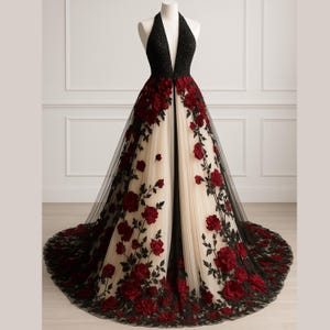 Black & Red Rose Embroidered Ball Gown, Gothic Red Ball Gown, Wedding Gown with Train, Sparkly Black Prom Dress, Luxury Wedding or Prom Gown