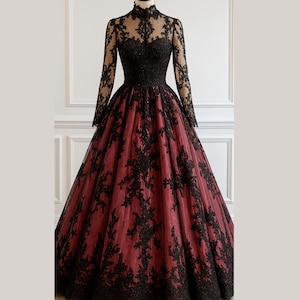 Black Lace Burgundy Gothic Wedding Dress | Victorian Ball Gown Bridal Gown with Sleeves | Dark Elegant Bridal Dress for Fall Wedding