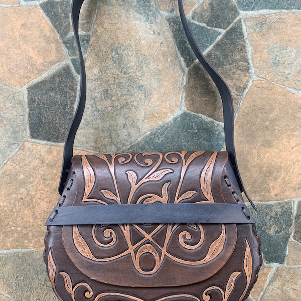 Unique Hand Tooled Leather Shoulder Bag in a simple Celtic design.