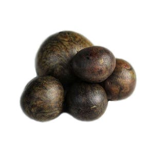 May include: A collection of dark brown, spherical items with textured surfaces. The objects are of varying sizes and are piled together, with some overlapping. The colour ranges from deep brown to lighter shades, indicating natural variations.