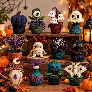 May include: A collection of twelve crocheted Halloween-themed figures including a purple pumpkin, a green eyeball plant, ghost flowers, a skull mushroom, a purple flower, a mummy, a spiderweb plant, a black cat, a coffin, a potion, a skull, and a moth.