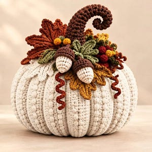 May include: A cream-colored crocheted pumpkin featuring a textured ribbed surface. The top is decorated with a cluster of crocheted autumn elements, including brown maple leaves, green foliage, two white and brown acorns, and a dark brown curly stem.