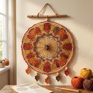 May include: A circular crochet wall hanging featuring a central spider web design with a brown spider, surrounded by a ring of orange, red, and yellow maple leaves. The piece hangs from a wooden dowel and includes dangling leaf accents.