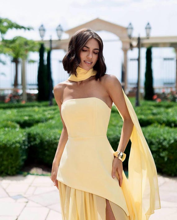 Yellow Structured Dress with Chiffon Details | Bright Summer Gown for Special Events