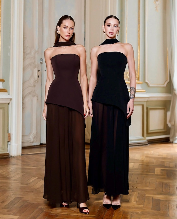 Chocolate Brown Chiffon Overlay Gown: Elegant Fall Event Dress