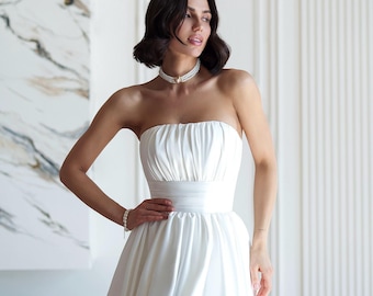 White Strapless Satin Corset Dress: Bridal Mini Gown