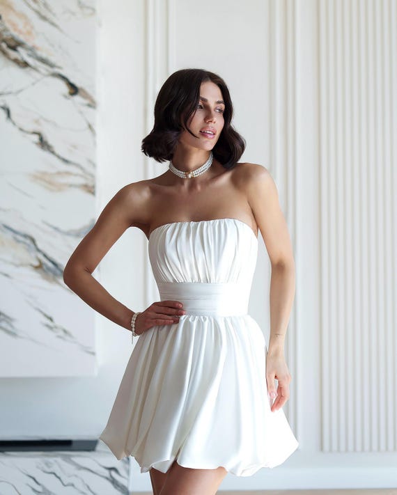 White Strapless Satin Corset Dress: Bridal Mini Gown White Strapless Satin Corset Dress: Bridal Mini Gown