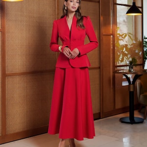Red Women&#39;s Power Suit – Bold Blazer and Midi Skirt Set – Luxury Crepe Fabric – Elegant Formal Outfit – Office, Party, Occasion Wear