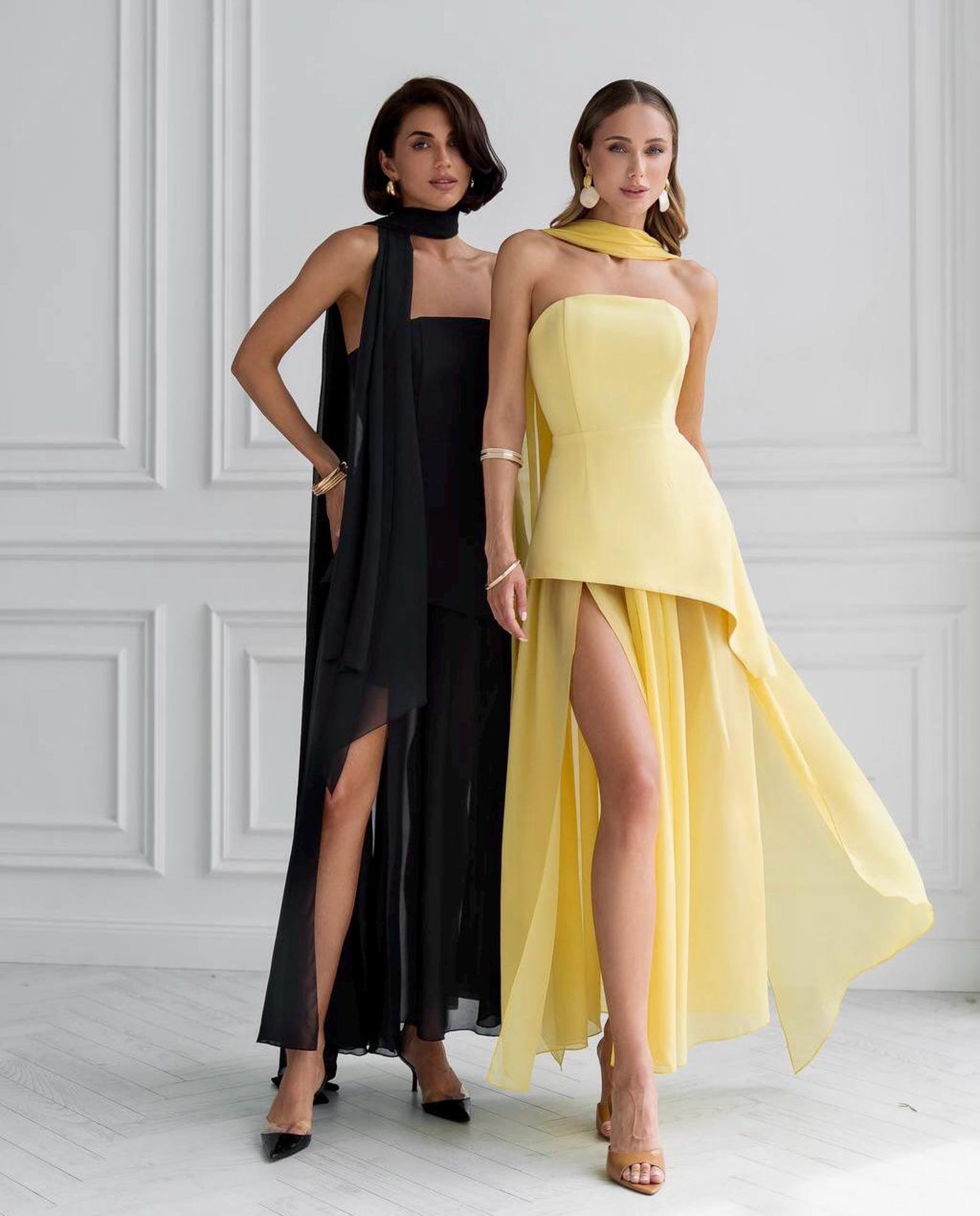 Chiffon Layered Long Sleeve Gown with Cascade Jacket Brown