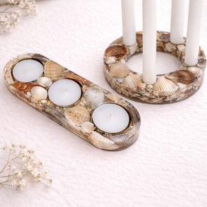 Muschel Kerzenhalter – Epoxidharz Deko mit echten Muscheln – Handgemachter Kerzenständer – Sommer Deko – Geschenk Idee – Resin Teelichthalte