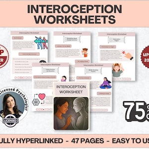 May include: A collection of Interoception Worksheets with the text "Interoception Worksheets" at the top. The image includes a "Top Seller" badge, a photo of a licensed psychologist, and a "75% Off" promotion. The worksheets are fully hyperlinked and easy to use.