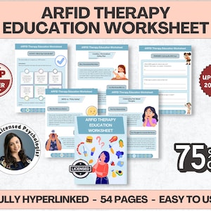 May include: A collection of ARFID Therapy Education Worksheets. The top banner reads "ARFID THERAPY EDUCATION WORKSHEET". The image includes the text "TOP SELLER", "UPDATED 2025/26", "LICENSED", "75% OFF", "FULLY HYPERLINKED - 54 PAGES - EASY TO USE".