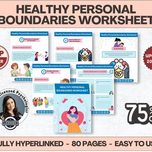 Peut inclure: Un ensemble de fiches de travail intitulées "Healthy Personal Boundaries Worksheet". La couverture présente une femme s'embrassant. L'image comprend le texte "Top Seller", "Updated 2025/26" et "75% Off". Les fiches sont entièrement hyperliées et comportent 80 pages.