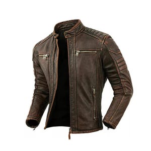 Men&#39;s Italian Vintage Brown Leather Jacket/ 80s Biker Style 100% Handmade in Genuine Cowhide Leather Jacket, Gift for Him