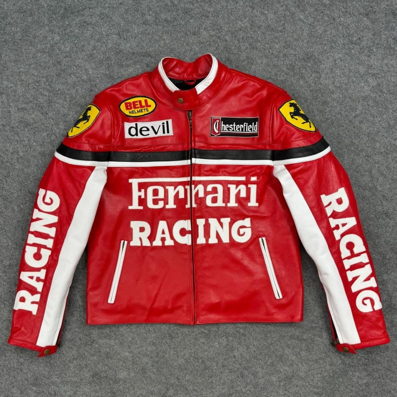 Veste Cuir Ferrari Racing - Style Motard Rouge Noir Blanc - Époque F1 - Homme