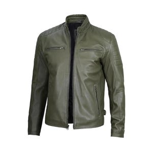Men&#39;s Green Leather Jacket in Genuine Sheepskin Leather / Vintage Biker jacket with Four Outer Pockets/ Men Motorcycle Jacket/ Gift for Him