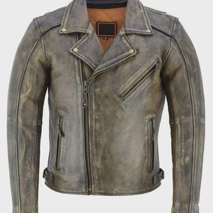Men&#39;s Vintage Grey Leather Jacket - 90s Cafe Racer Biker Style - Handmade & Fully Lined - Soft Polyester Moto Jacket - Gift for Him