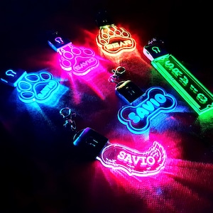 Pode incluir: Uma coleção de chaveiros brilhantes em várias formas, incluindo pegadas, um osso e uma chama, cada um com um nome iluminado em cores vibrantes. Os chaveiros têm um fecho prateado e são iluminados com luzes de néon azuis, verdes e rosas.