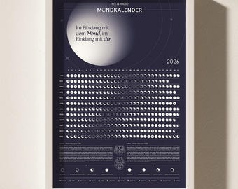2026 Moon Calendar Digital Download | PDF Poster with Zodiac Signs | Moon Phases Wall Calendar | Self-Printing Wall Art