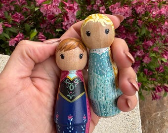 Frozen inspired Princess Peg Dolls: Hand-Painted Heirloom Wood Cake Topper Set