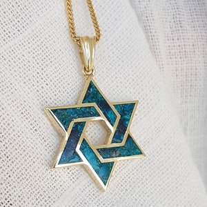 14k Gold Davidstern Anhänger, Eilat Stein Halskette, jüdischer Anhänger, Israel Judenica Schmuck, Magen David mit Eilat Stein
