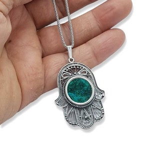 925 Sterling Silver Eilat Stone Hamsa Pendant ,Holy Land Jewelry