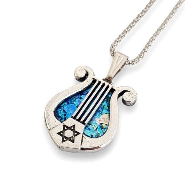 925 Sterling Silver Roman Glass King David Harp Pendant,Lyre pendant,Jerusalem Jewelry,Star of David Pendant