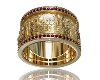 14k Gold Jerusalem Ring Set With Garnets Judaica Jerusalem Jewelry