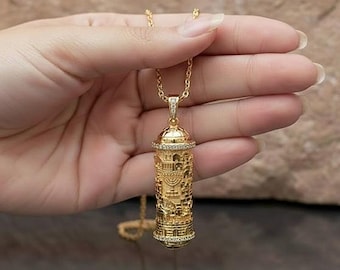 14K Gold Diamonds Mezuzah Pendant,Jerusalem Jewish Jewelry