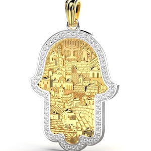 14k  Gold Hamsa Jerusalem Pendant ,45 CM Gold Chain as a gift