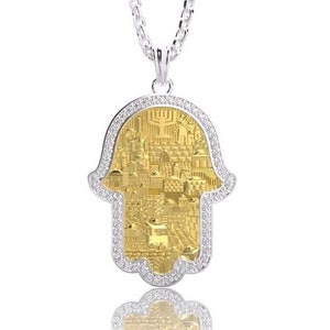 Unisex 18k Gold  Diamonds Jerusalem Hamsa Pendant ,Jewish Pendant ,Jerusalem Pendant