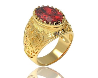 14k Gold Jerusalem Ring Garnet Stone,Men Ring ,Jewish Ring ,Ring for Men,Men's Ring