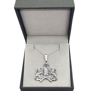 May include: A silver necklace with a pendant featuring two lions flanking a tablet with Hebrew text. The pendant is in a gray box.