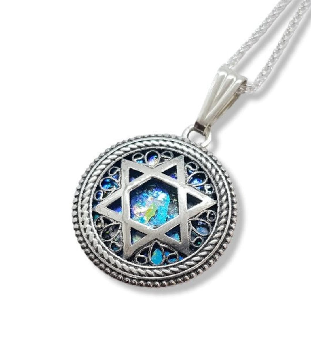 925 Silver Star of David Roman Glass Pendant Necklace, Star of David ...