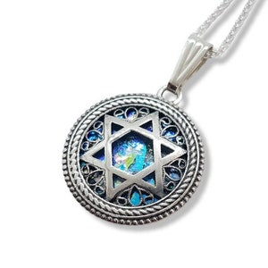 925 Silver Star of David Roman Glass Pendant Necklace, Star of David Pendant ,UnisexFikigree Star of David