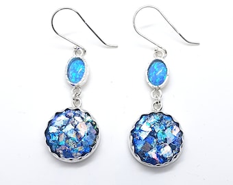 925 Silver Opal Roman Glass Earrings