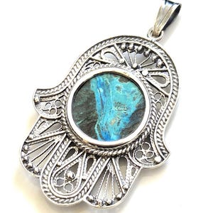925 Sterling Silver Eilat Stone Hamsa Necklace ,Holy Land Jewelry,Filigree Hamsa Pendant,Large Hamsa Pendant