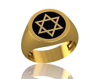14k Gold Star of David Mens Ring With Black Enamel