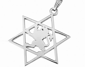 Pingente Estrela de Davi em Prata de Lei com Leão de Judá – Joia Judaica Simbólica Unissex