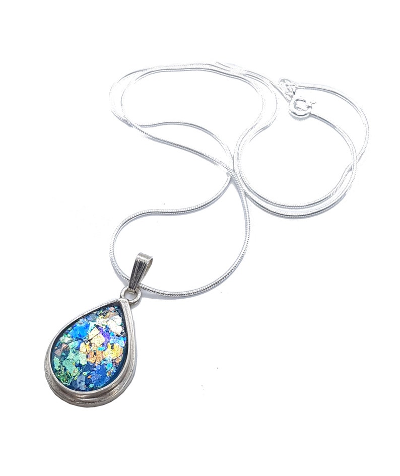 925 Silver Hand Made Tear Drop Pendant Set with Bluish Roman Glass Fragment