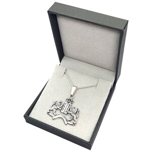 May include: A silver pendant necklace featuring a heraldic design with two lions flanking a shield, presented in a black gift box with a gray interior. The pendant has a crown above the shield and is suspended from a delicate chain.
