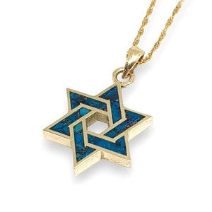 14k Gold Star of David Pendant, Eilat Stone Necklace, Jewish Pendant, Israel Judaica Jewelry,Green Eilat Stone, Magen David with Eilat stone