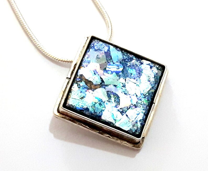 Sqaure 925 Sterling Silver Roman Glass Pendant Necklace