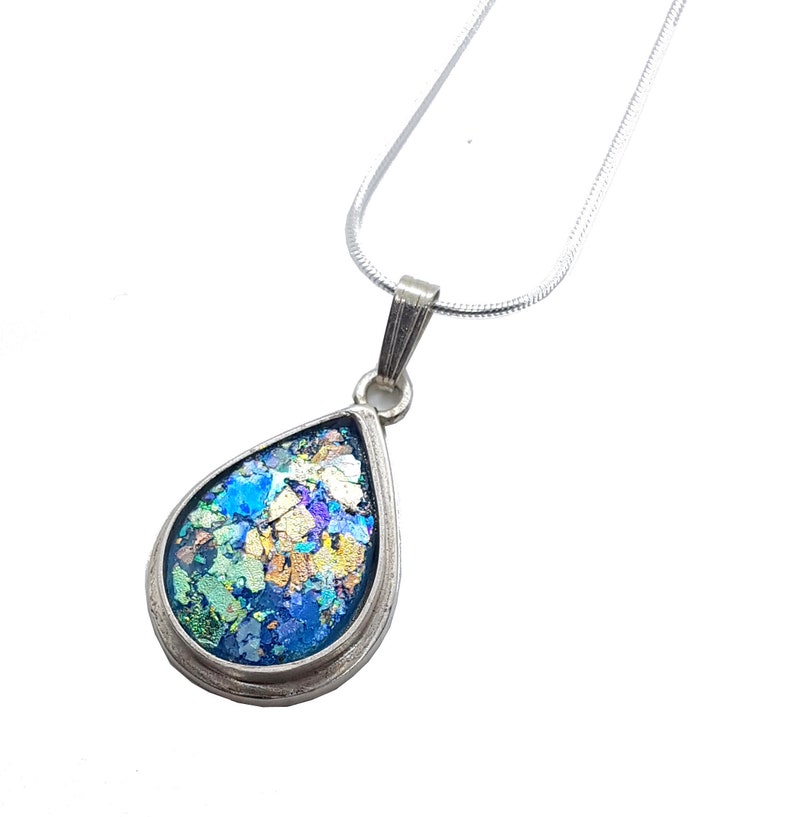 925 Silver Hand Made Tear Drop Pendant Set with Bluish Roman Glass Fragment