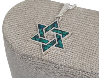 14k Gold Star of David Pendant, Eilat Stone Necklace, Jewish Pendant, Israel Judaica Jewelry,Green Eilat Stone, Magen David with Eilat stone