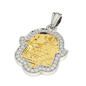 14k Gold Jerusalem Hamsa Pendant Set with Diamonds ,Jewish Pendant ,Gold Hamsa Pendant,1.75 cm Length