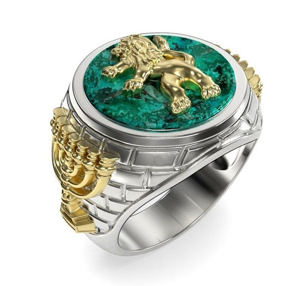 Eilat Stone Ring Silver and Gold Menorah Lion of Judah Men's Ring, Silver and Gold Lion Ring