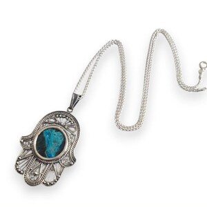 925 Sterling Silver Eilat Stone Hamsa Necklace ,Holy Land Jewelry,Filigree Hamsa Pendant,Large Hamsa Pendant