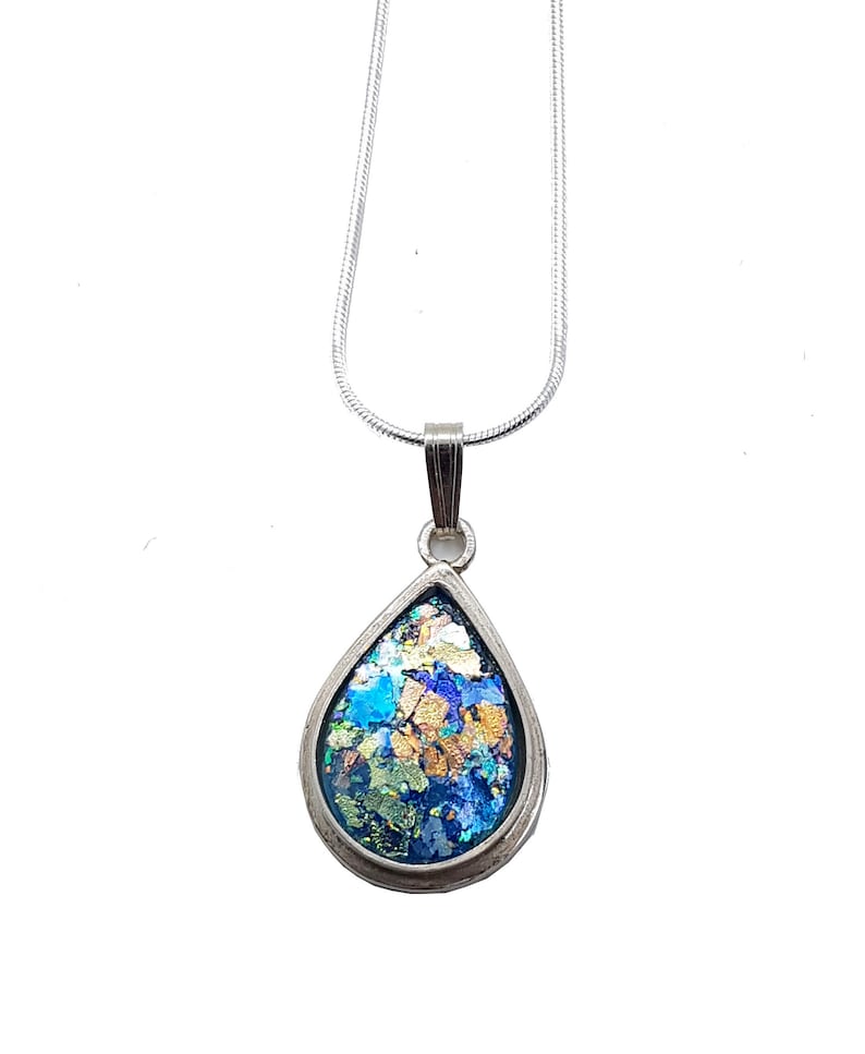 925 Silver Hand Made Tear Drop Pendant Set with Bluish Roman Glass Fragment